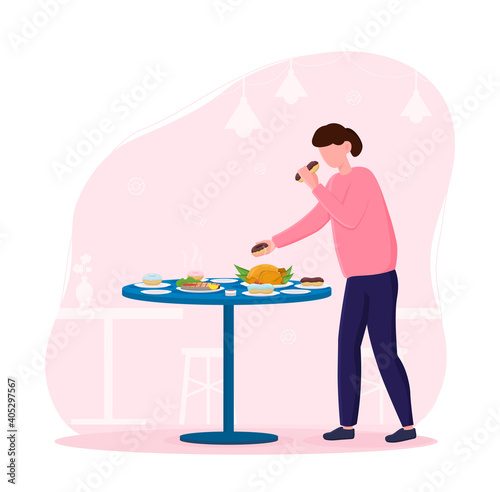 Female character standing next to table and eating junk food. Concept of unhealthy nutrition. Woman is eating food from the table. Cake and french fries for dinner. Flat cartoon vector illustration