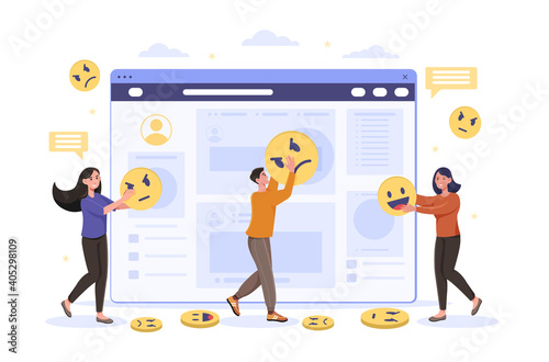 Male and female characters giving positive and negative feedback. Concept of satisfaction rating and leaving review. Customer service leaving review on website. Flat cartoon vector illustration