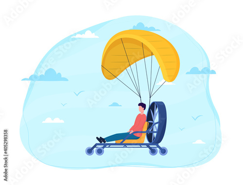 Male character is skydiving with paramotor. Concept of parachuting sport and leisure activity. Extreme lifestyle. Flat cartoon vector illustration