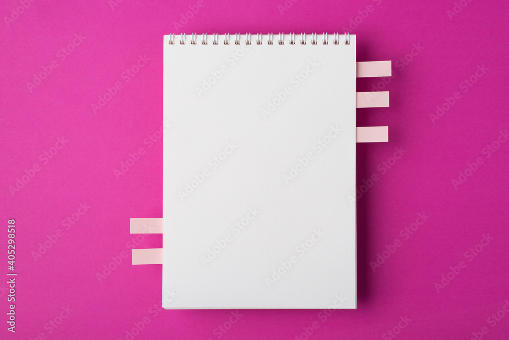Above overhead close up view flat lay photo of clear clean notepad with side stickers space for text design notice isolated bright color backdrop