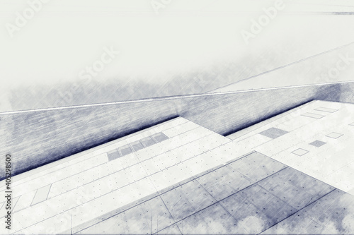 Black and white Sketch of architectural detail of modern building. Watercolor splash with hand drawn sketch illustration