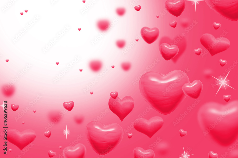 pink hearts on abstract white-red background for valentines day greeting card or festive wallpaper. Copy space for text. 3D illustration
