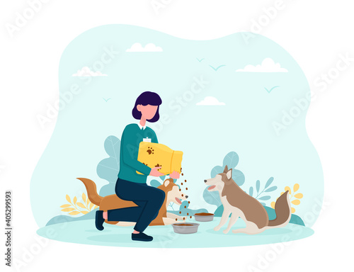 Young female volunteer feeding dogs. Concept of veterinary care for homeless animals. Girl pours food in bowl. Flat cartoon vector illustration