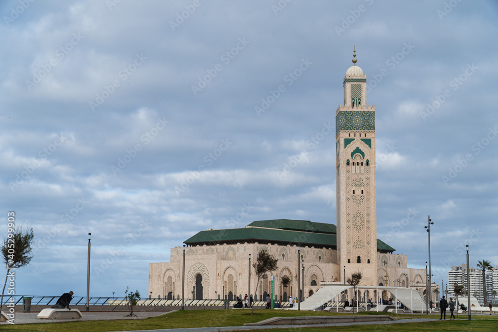 Casablanca, Morocco - 15 October 2020 - view of Hassan II Mosque in a cloudy day seen from the new park