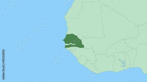 Map of Senegal with pin of country capital. Senegal Map with neighboring countries in green color.
