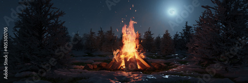 3d rendering of big bonfire with sparks and particles in front of snowy pine trees and moonlight