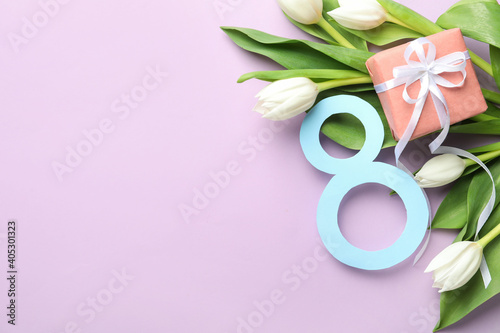 8 March card design with tulips, gift and space for text on violet background, flat lay. International Women's Day