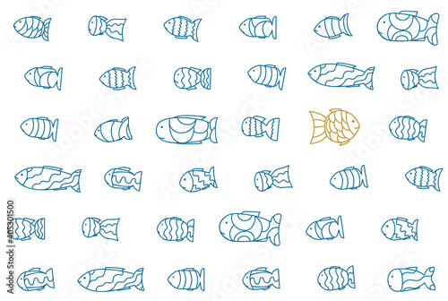 One gold unique fish swimming opposite way of identical blue ones. Courage, confidence, success, creativity concept. Think different. Free your mind. Background seamless pattern.