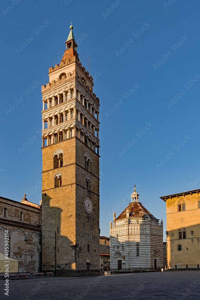 Piazza del Duomo with the baptistery and the campenile at the old town of Pistoia at the Tuscany Region in Italy
