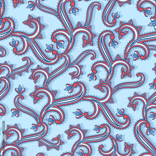 Blue fantasy curl sprig and branches pattern inspired indian paisley culture. Seamless folk background in oriental style. Ornamental floral print.
