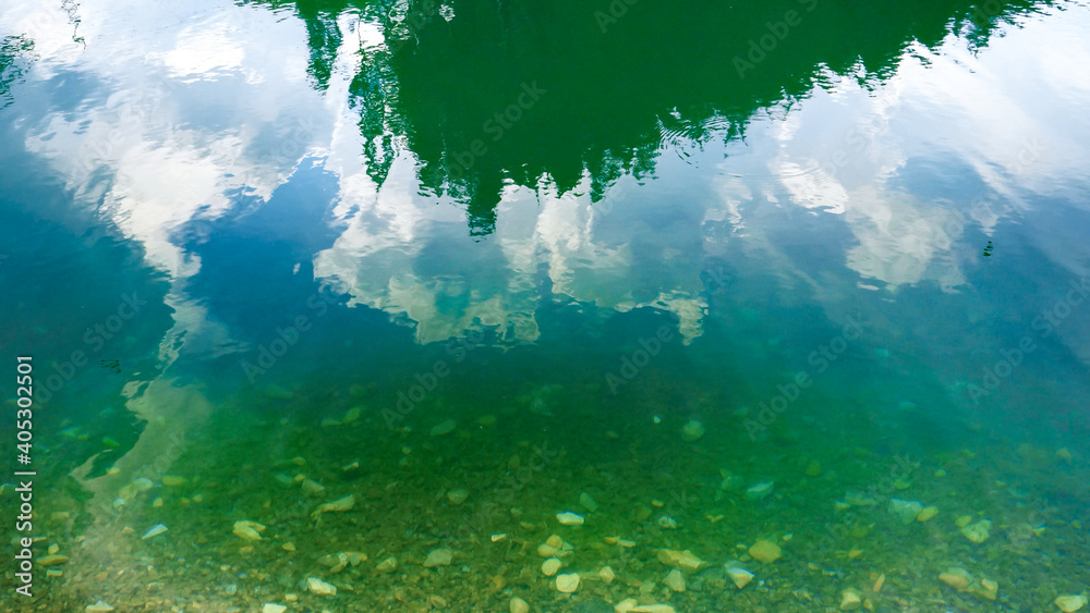 High pine tree forest reflecting in emerald clear water of mountain lake or river - obrazy, fototapety, plakaty 
