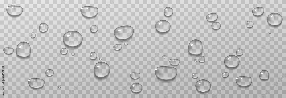 Vector water drops. PNG drops, condensation on the window, on the surface. Realistic drops on an isolated transparent background.