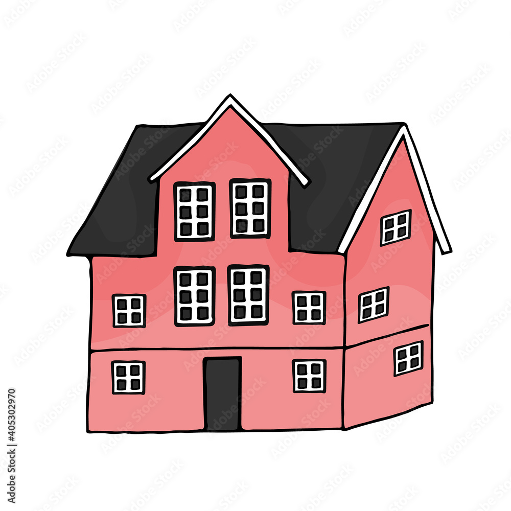 Pink hand drawn house isolated on white background. Building has three floors