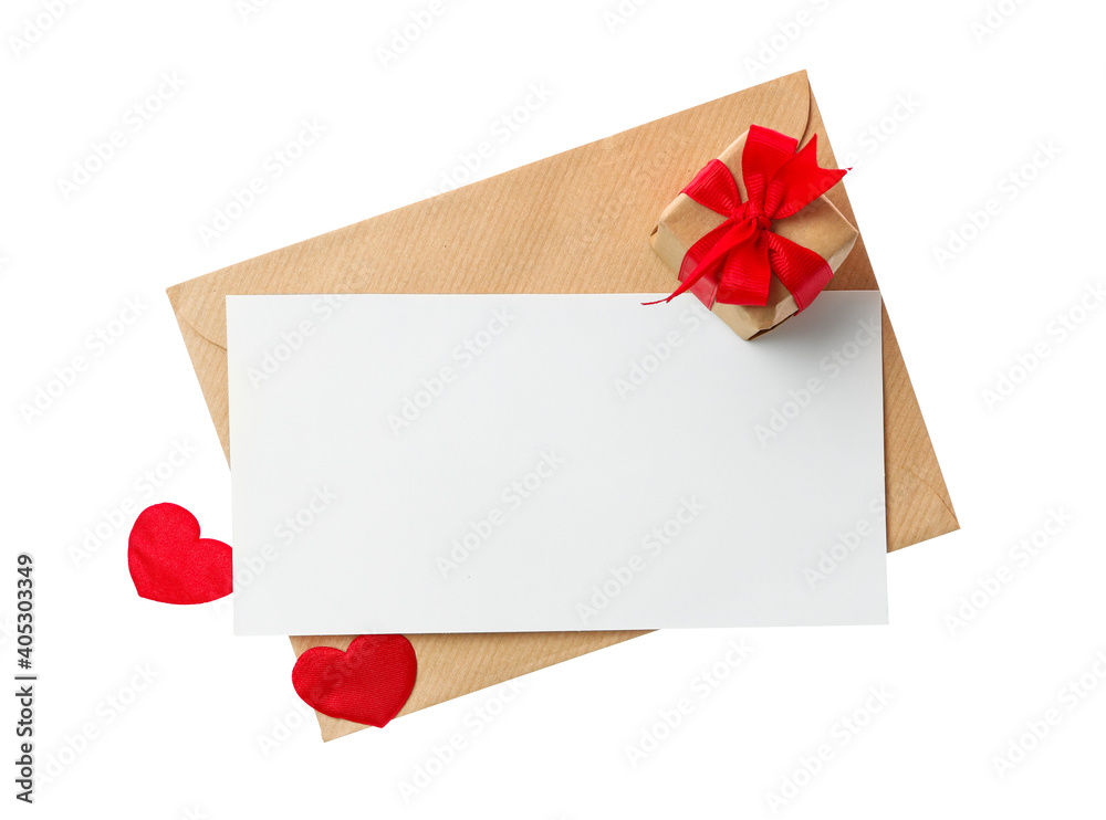 Blank card, envelope and gift box on white background, top view. Valentine's Day celebration