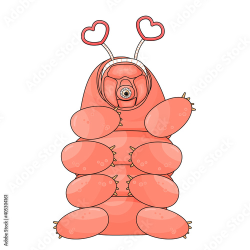 Pink isolated happy cute cartoon vector tardigrade is sitting on white background and waving one hand. Spring hoop with hearts on her head for Valentines Day Party