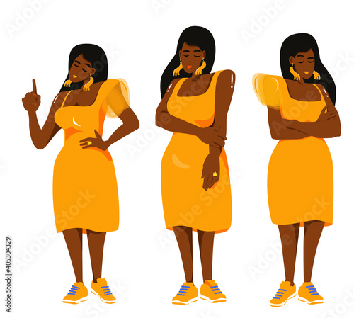 Set of vector illustrations of beautiful black women of large sizes in a yellow bridesmaid dress and sneakers. Set of poses