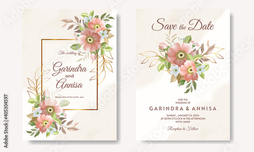  Elegant wedding invitation card with beautiful floral and leaves Premium Vector