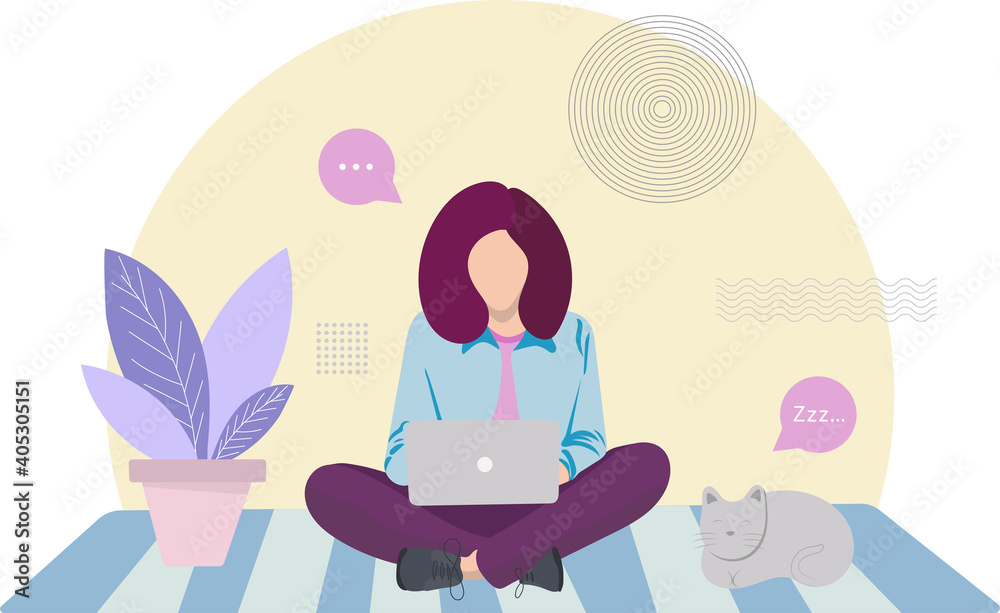 Woman with laptop Concept illustration for working freelancing studying education work from home Vector illustration in flat cartoon style Cute illustration home furnishings Woman with laptop Concept illustration for working freelancing studying education work from home Vector illustration in flat cartoon style Cute illustration home furnishings