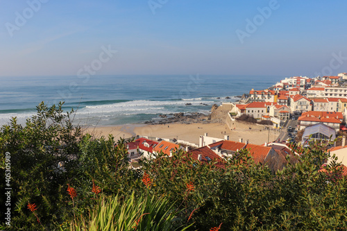 coastal village on the ocean from the bird's eye view directly on the beach