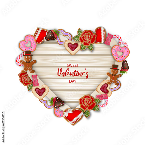 heart shaped wooden board with valentine's day sweets and candies