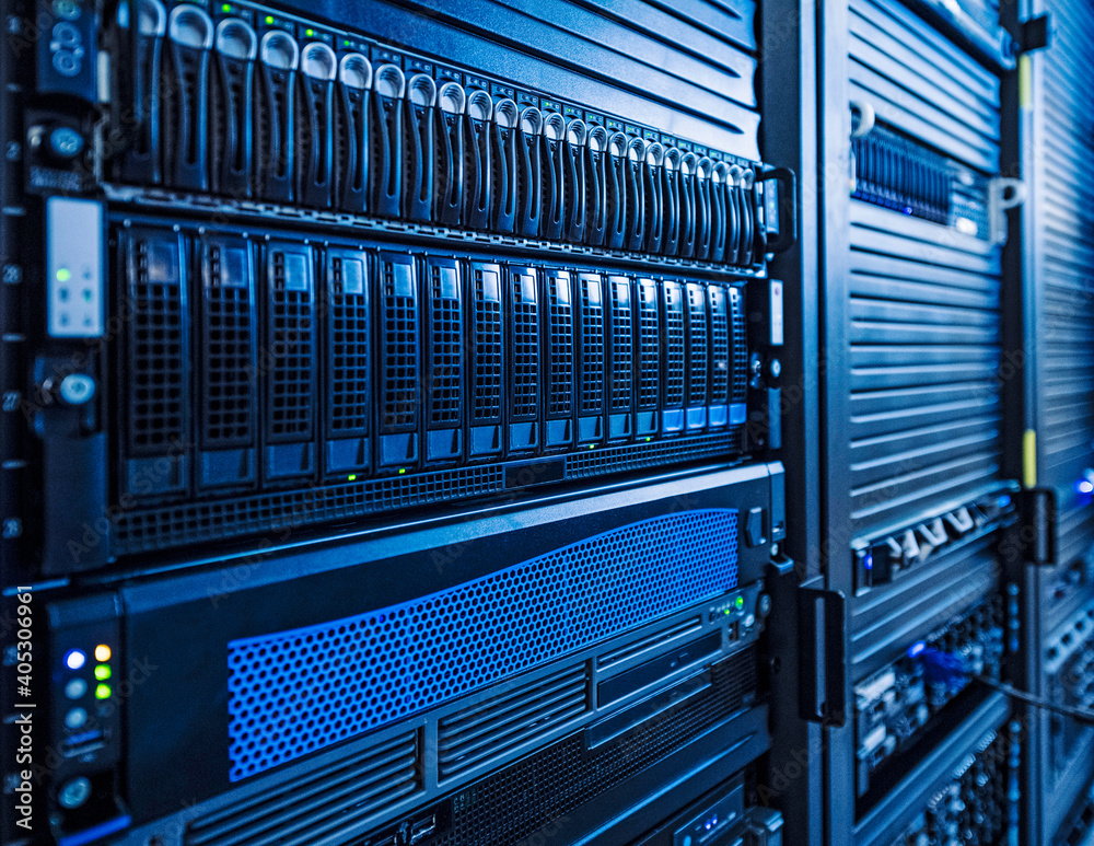 Rack of servers in data center server room