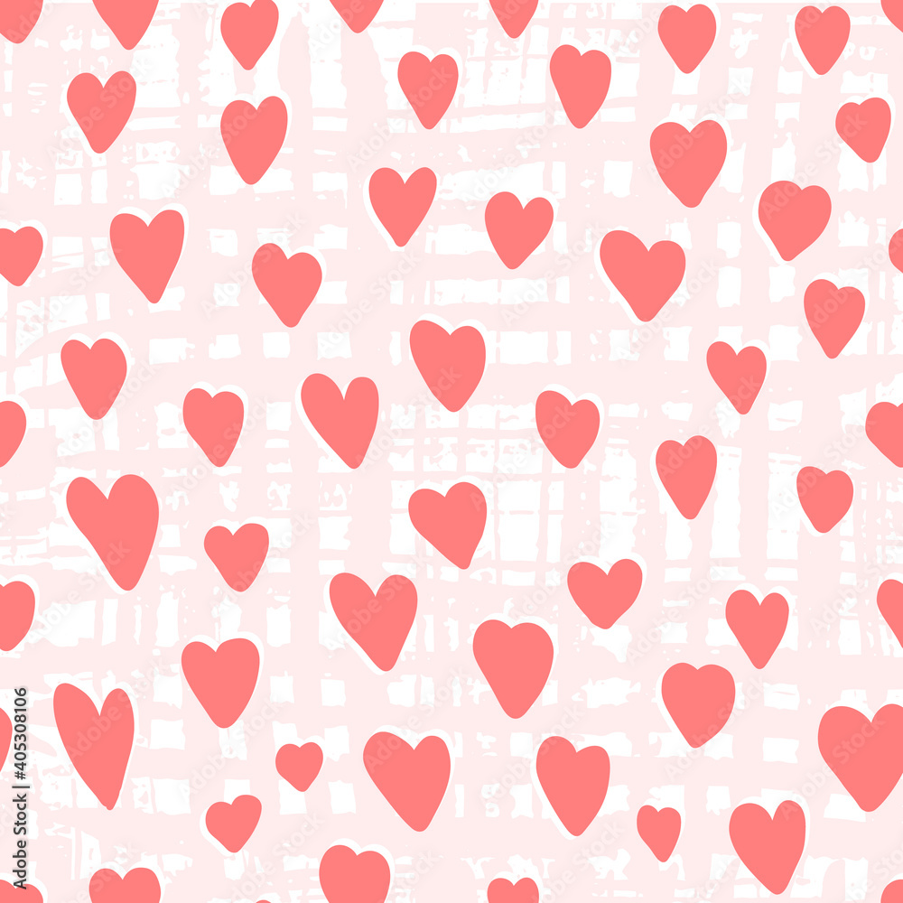 Cute seamless pattern with pink hearts on textured background. Lovely vector texture with red doodle heart shapes for St. Valentines wrapping paper, surface, wallpaper, textile