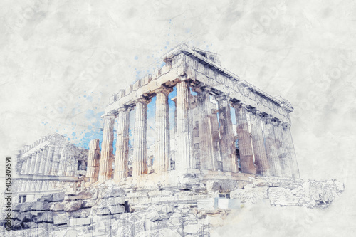 Ancient Sites ruins of temple on Acropolis hill, Athens, Greece. Watercolor splash with hand drawn sketch illustration on crumpled paper photo