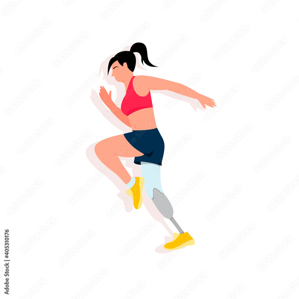 Girl with a prosthesis running illustration in flat modern style isolated on white background. Disabled girl illustration