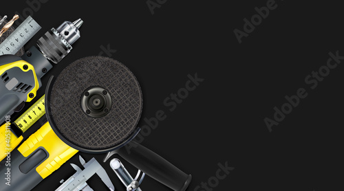 3d Angular composition of set tools of locksmith, hand metalworking and locksmithing, isolated on black background. Craft illustration, copy-space