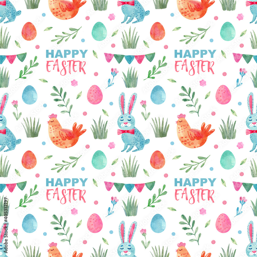 Easter seamless pattern with chicken, bunnies, eggs, grass and green branches for gift wrapping paper, wallpaper, scrapbooking background, Easter decor Easter seamless pattern with chicken, bunnies, eggs, grass and green branches for gift wrapping paper, wallpaper, scrapbooking background, Easter decor