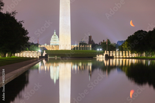 USA, Washington DC, Washington Monument reflecting in Lincoln Memorial Reflecting Pool at night photo