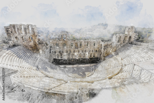 Ancient Sites ruins of ruins of ancient theater of Herodion Atticus in Athens, Greece. Watercolor splash with hand drawn sketch illustration