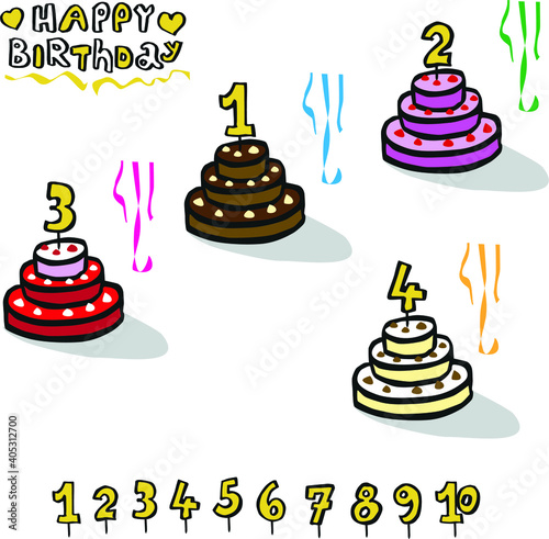 Birthday cakes with numbers of age original simple hand drawing converted to vector and colored