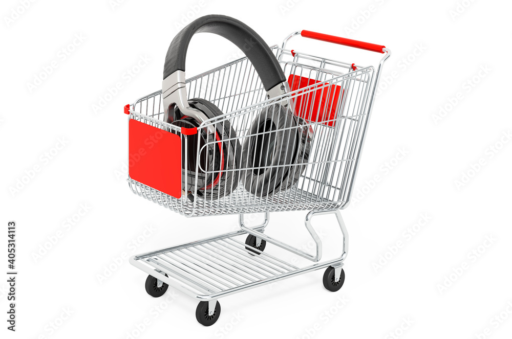 Shopping cart with wireless headphones. 3D rendering