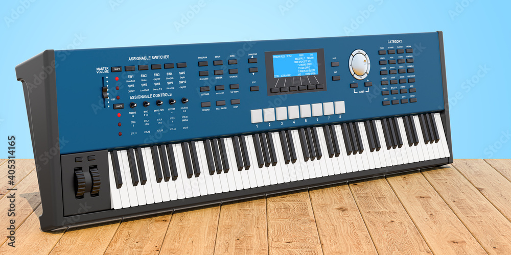 Synthesizer, digital piano on the wooden planks, 3D rendering Synthesizer, digital piano on the wooden planks, 3D rendering