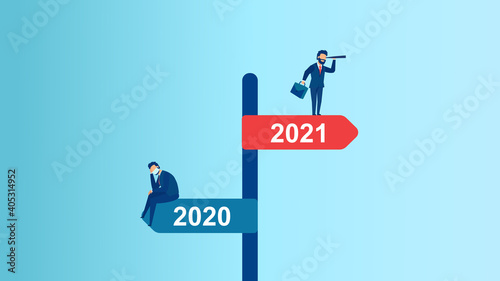 Vector of a business man looking into future leaving behind difficulties of the passing year