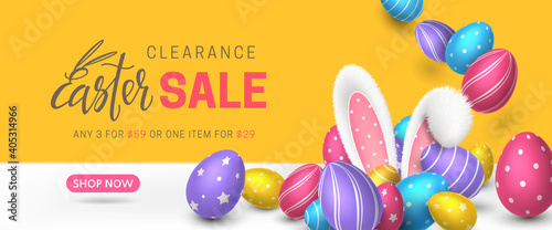 Vector cute sale banner with fur ears of bunny, coloured realistic 3D eggs and lettering Easter. Festive cartoon horizontal template with orange background for holiday flyer with discount offers.