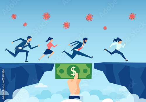 Vector of a helping hand with dollar bill bridging economy gap during coronavirus pandemic, assisting businesspeople to overcome financial difficulties