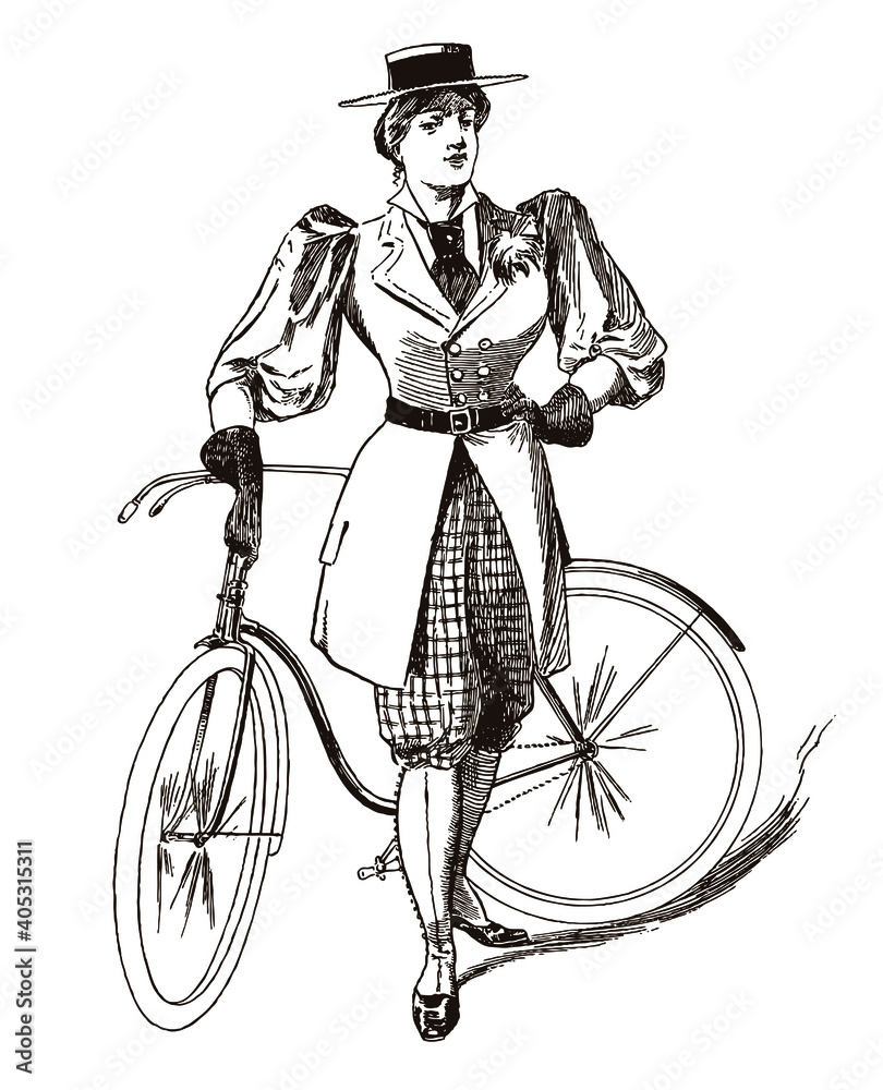 Obraz premium Elegant woman in antique cycling costume, wearing hat and gloves, standing in front of her bicycle. Illustration after sketch from 19th century