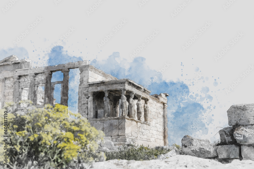 Ancient Sites ruins of ancient temple on Acropolis hill, Greece. Watercolor splash with hand drawn sketch 