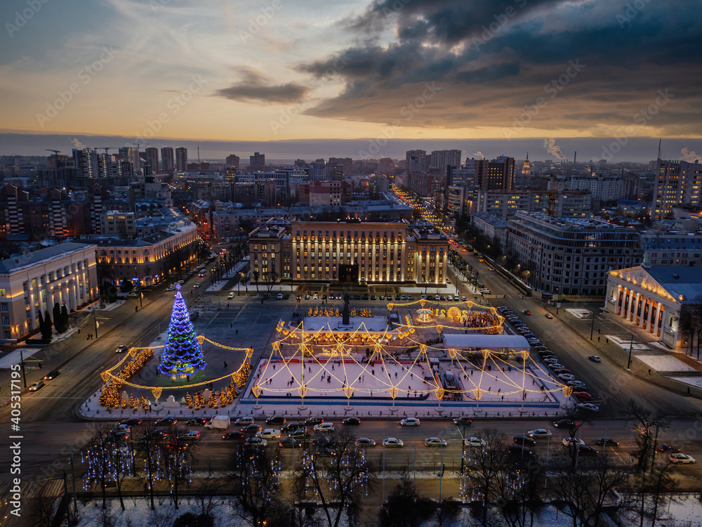Street illumination during new year celebration in central square of Lenin in Voronezh, Russia, aerial view