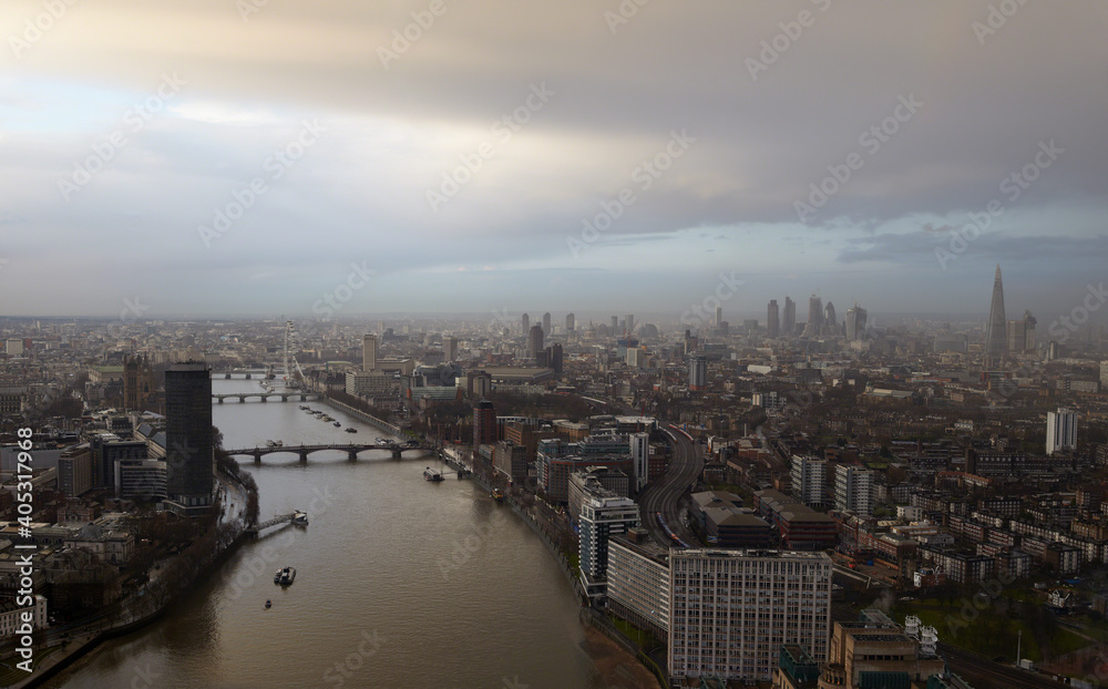 Aerial view of The Thames and Houses of Parliament, London, UK Aerial view of The Thames and Houses of Parliament, London, UK
