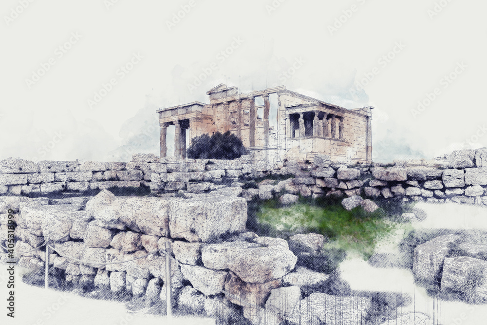 Ancient Sites Erechtheion - small temple up on Acropolis hill with Caryatids instead of columns. Watercolor splash with hand drawn sketch 