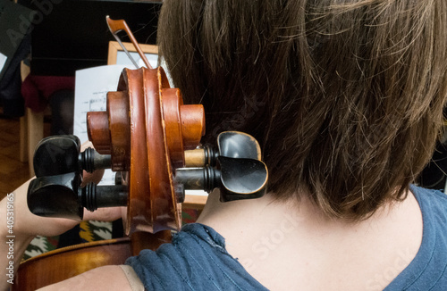 Young woman playing cello in string quartet practice, rear view photo