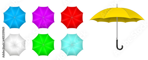 set of realistic umbrella in various type or mock up black and white umbrella closeup or outdoor parasol protection weather waterproof material concept. eps 10 vector, easy to modify