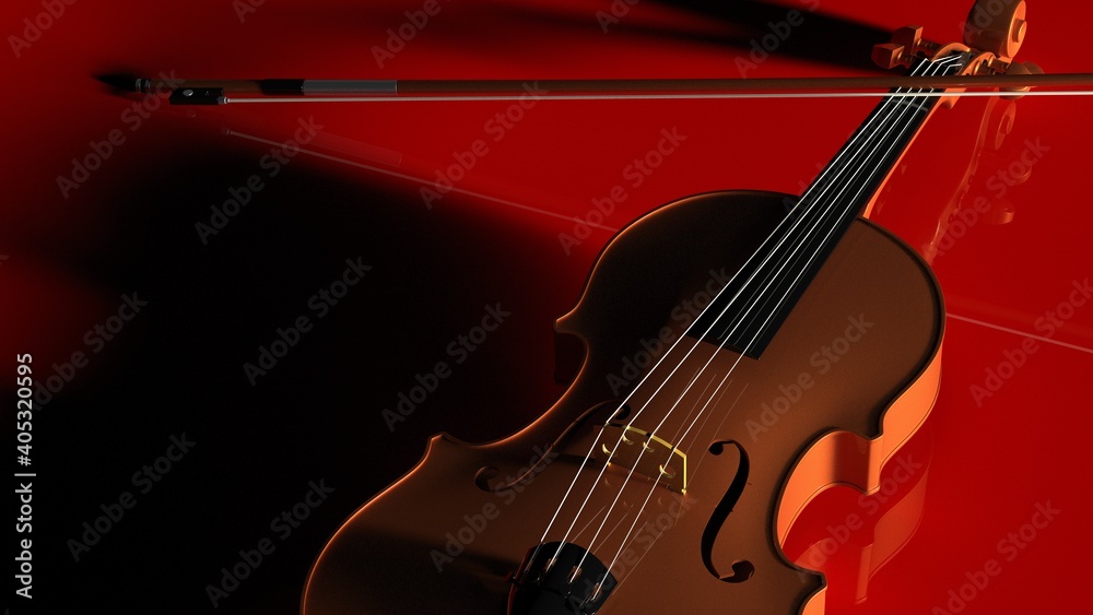 Orange classic violin on red plate under spot lighting background. 3D sketch design and illustration. 3D high quality rendering. Orange classic violin on red plate under spot lighting background. 3D sketch design and illustration. 3D high quality rendering.