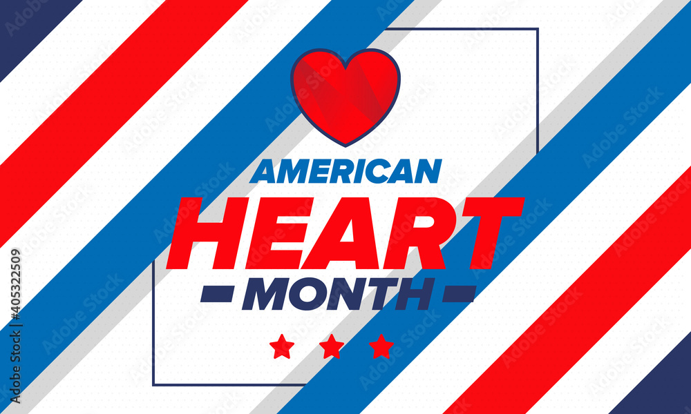 American Heart Month in United States. Celebrate annual in February. Nationwide problem of heart and blood vessel diseases. Medical healthcare concept. Support and protection campaign. Vector poster