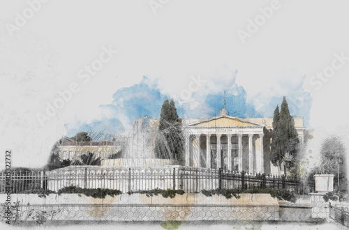 Zappeion hall, Athens, Greece. Watercolor splash with hand drawn sketch illustration