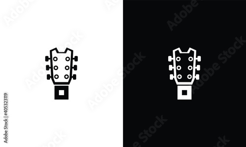 High Gain rock guitar school logo. Guitar neck isolated plectrum shape on a black and white background.