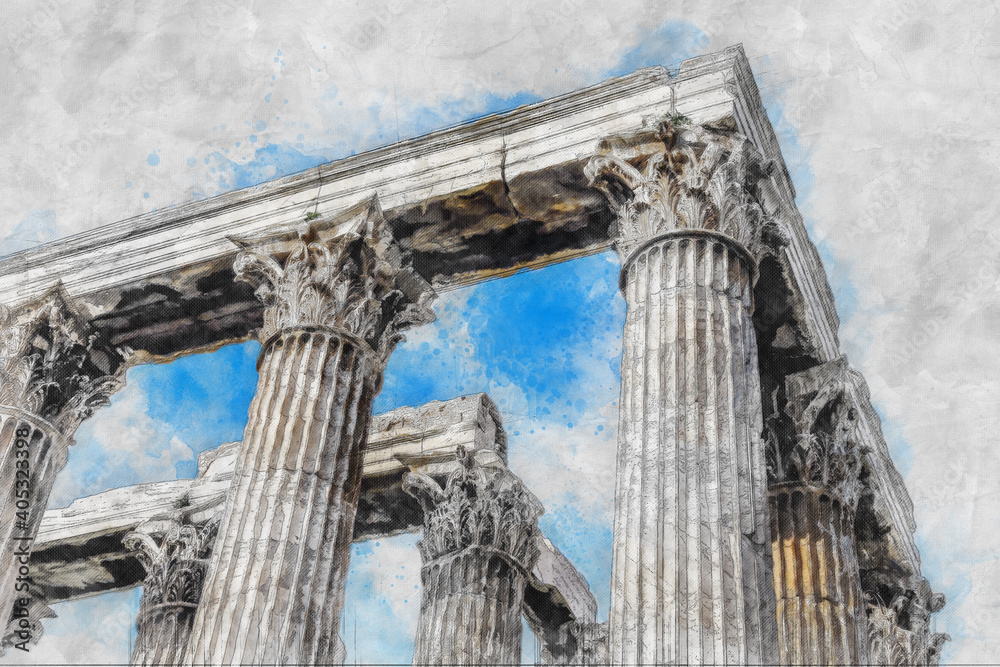 Naklejka premium Ancient Sites ruins of ancient temple Zeus, Athens, Greece. Watercolor splash with hand drawn sketch illustration on crumpled paper